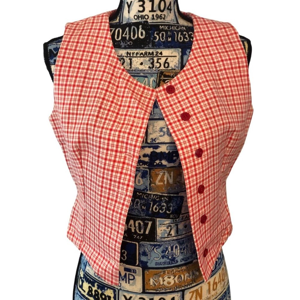 Vintage Style Handmade Tapered Darted Red White Striped Plaid Vest MEASUREMENTS